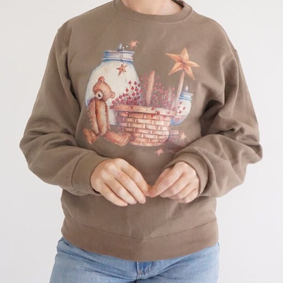 Vintage Jerzees Brown Teddy Bear Basket Vase Cotton Blend Crewneck Sweater S - Picture 2 of 12